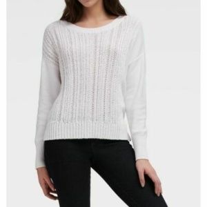 DKNY White Cable-Knit Pullover Sweater Side-Slits